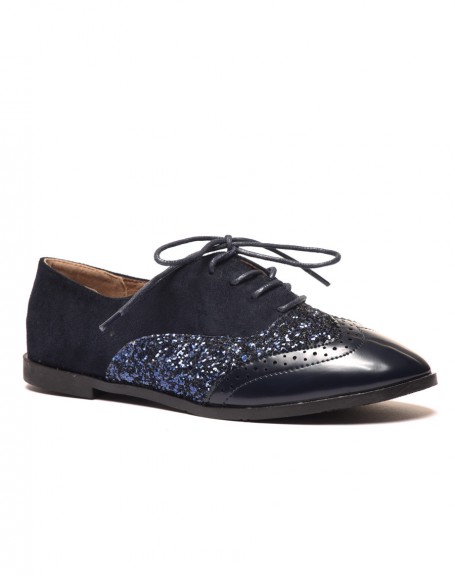 Tri-material navy blue derby shoes with laces