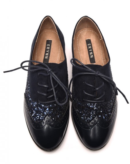 Tri-material navy blue derby shoes with laces