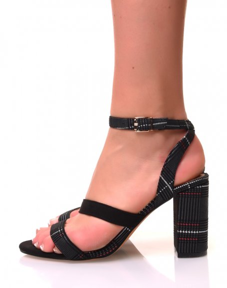 Tweed-effect sandals with square heels and multiple straps