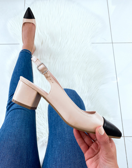 Two-tone beige pumps with straps