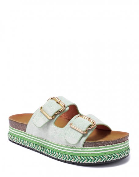 Water green flat mules with double strap and Aztec sole