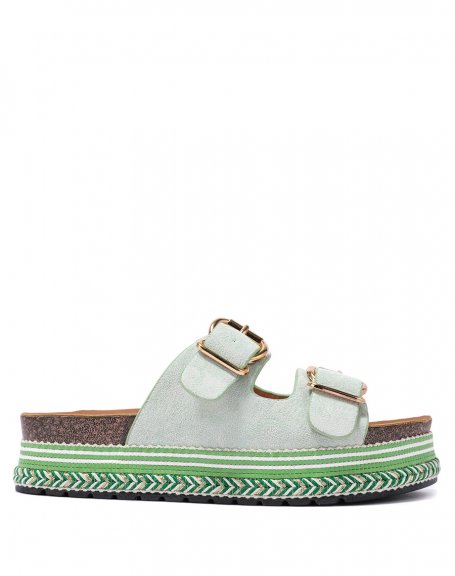 Water green flat mules with double strap and Aztec sole