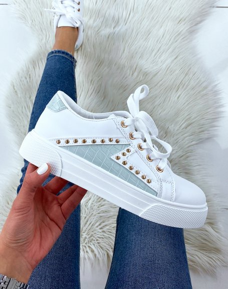 Water green studded crocodile-patch sneakers