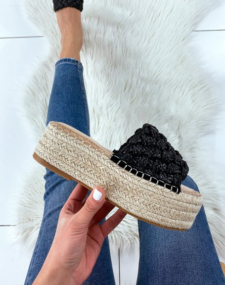 Wedge mules with large black braided strap