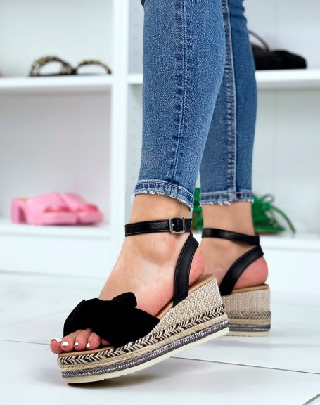 Wedge sandals with bow in black suede and colored hessian heel