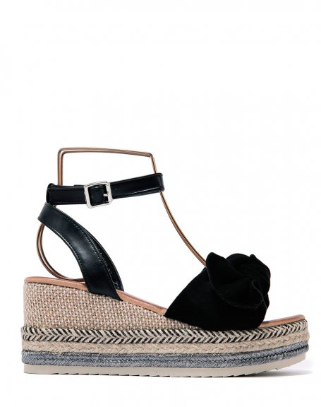 Wedge sandals with bow in black suede and colored hessian heel