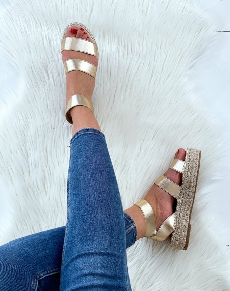 Wedge sandals with multiple golden straps