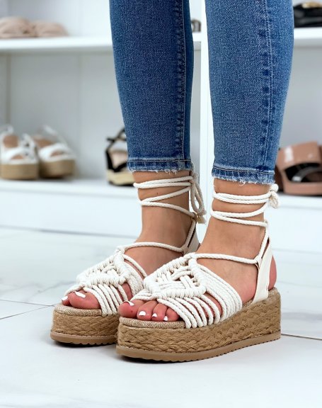Wedges with long beige straps and jute sole