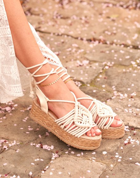 Wedges with long beige straps and jute sole