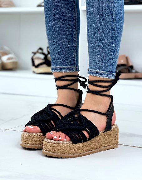 Wedges with long black straps and jute sole