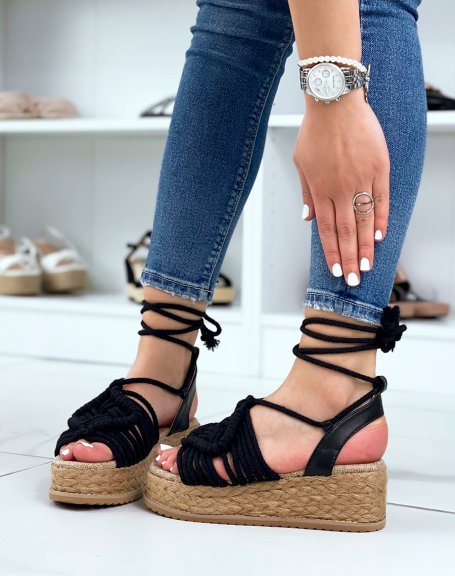 Wedges with long black straps and jute sole