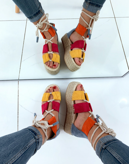 Wedges with multicolored yellow bands in suede