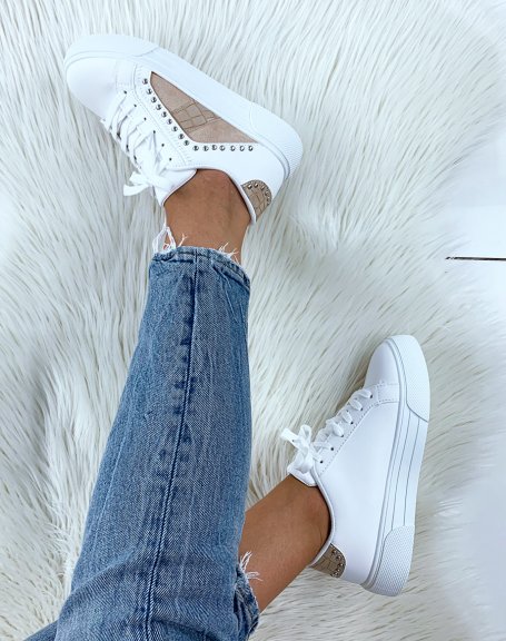 White and beige croc-effect studded sneakers