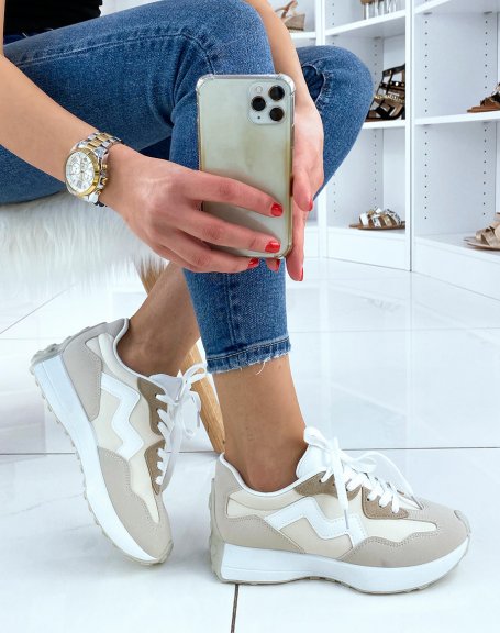 White and beige multi-panel sneakers