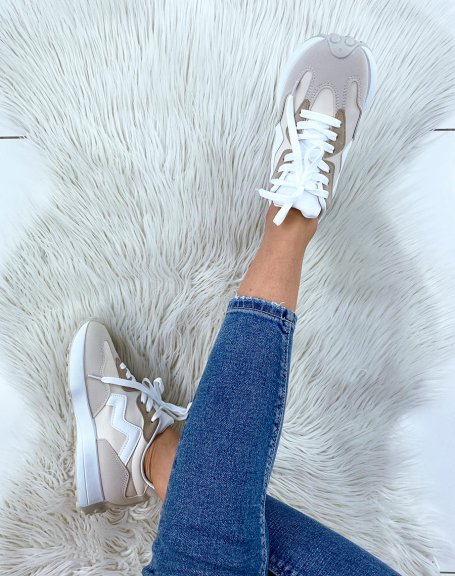 White and beige multi-panel sneakers