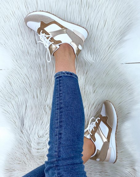 White and beige sneakers with gold detail