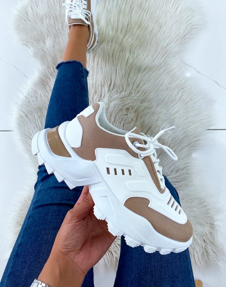White and beige sneakers with multiple materials and lug sole
