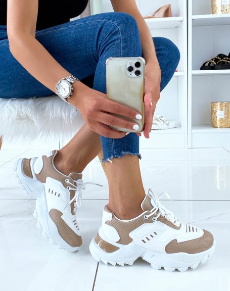 White and beige sneakers with multiple materials and lug sole