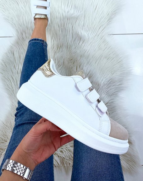 White and beige sneakers with velcro and gold insert