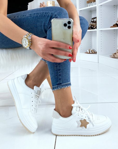 White and beige star-paneled sneakers