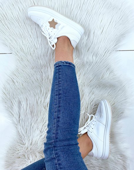 White and beige star-paneled sneakers