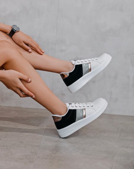 White and black bi-material sneakers