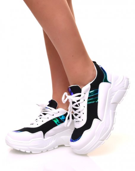 White and black sneakers with holographic panels