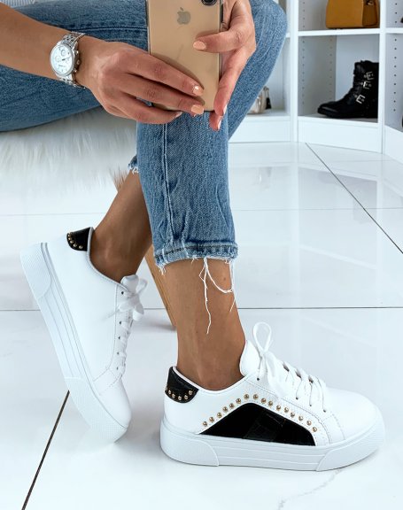 White and black studded croc-effect sneakers