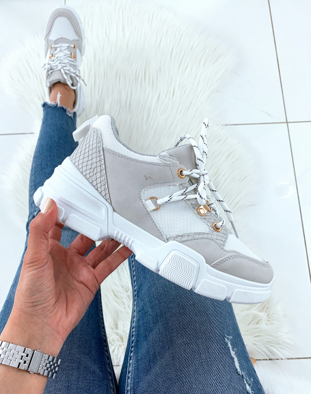White and gray bi-material sneakers with wedge soles and fancy laces