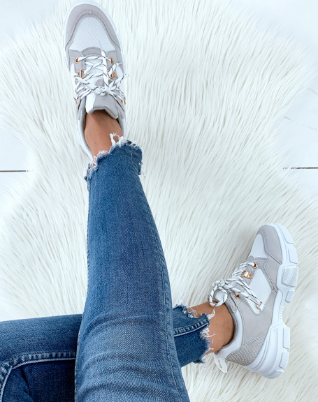 White and gray bi-material sneakers with wedge soles and fancy laces