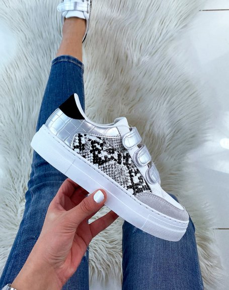 White and gray sneakers with python effect velcro