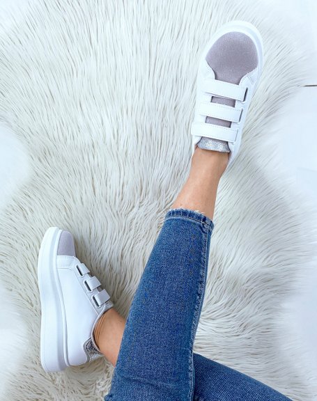 White and gray sneakers with velcro and silver insert