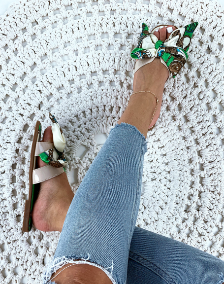 White and green mules with wide straps and scarf detail