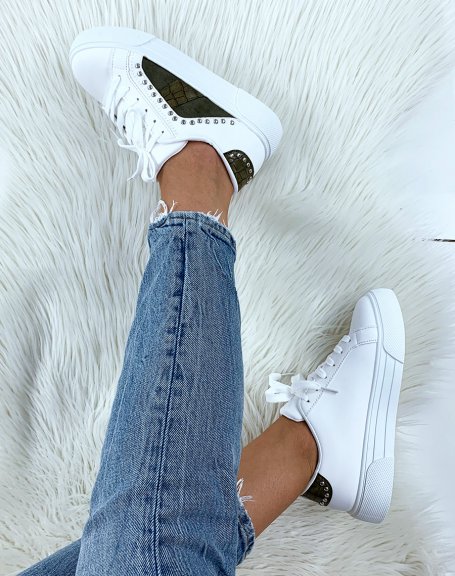 White and green studded croc-effect sneakers