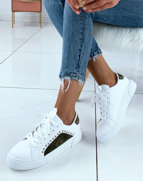 White and green studded croc-effect sneakers