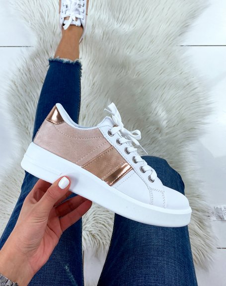 White and pink bi-material sneakers