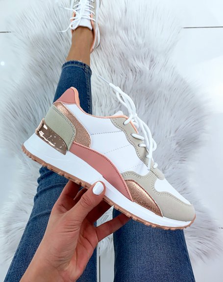 White and pink multi-panel sneakers