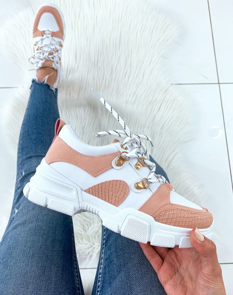 White and pink sneakers with wedge soles and fancy laces