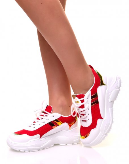 White and red sneakers with holographic panels