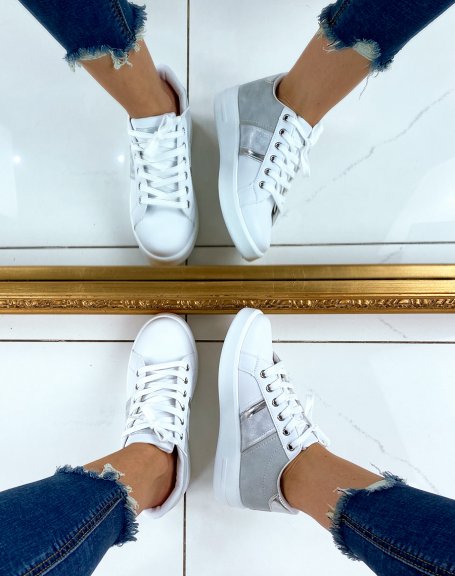 White and silver bi-material sneakers