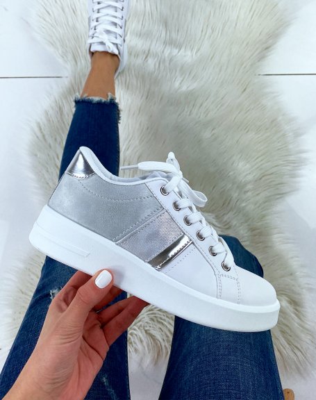 White and silver bi-material sneakers