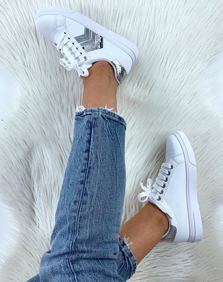 White and silver sneakers with croc-effect details