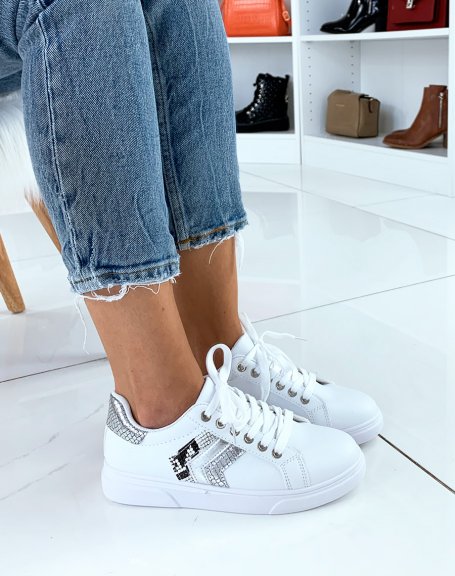 White and silver sneakers with croc-effect details
