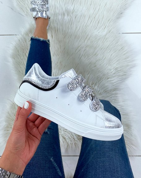 White and silver sneakers with velcro