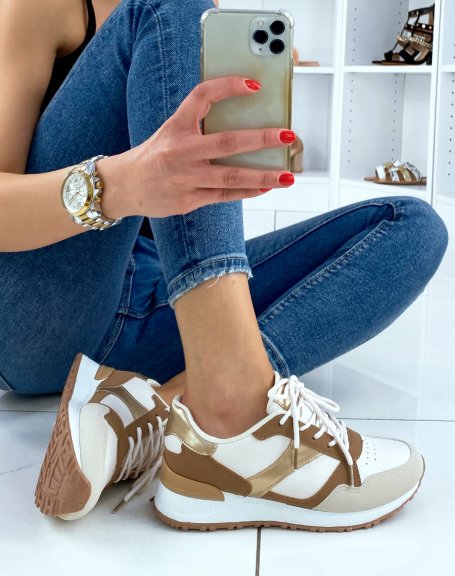 White and taupe sneakers with gold detail