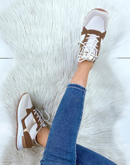 White and taupe sneakers with gold detail