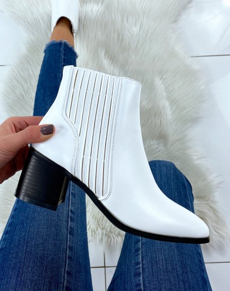 White ankle boots with black heel with square toe