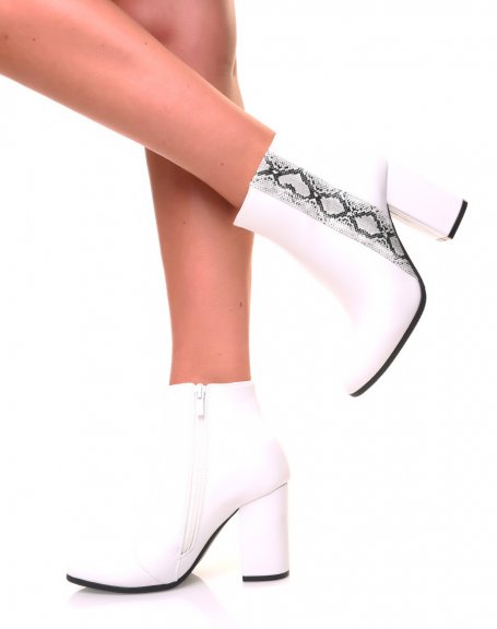 White ankle boots with heels and python bands