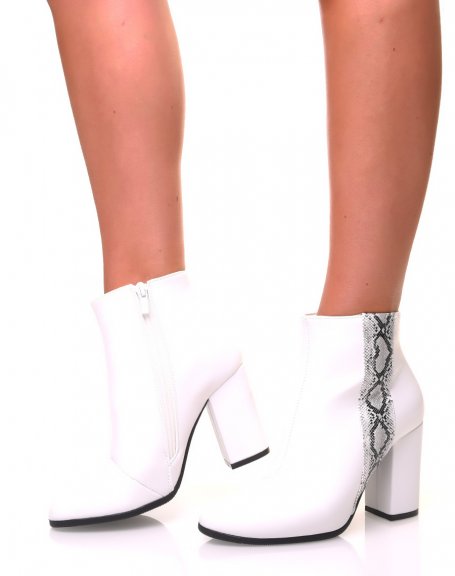 White ankle boots with heels and python bands