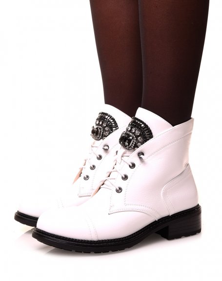 White ankle boots with rhinestones